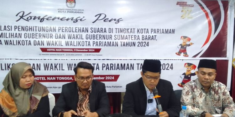 Konferensi pers KPU Kota Pariaman usai penetapan rekapitulasi hasil Pilkada serentak 2024. Selasa, (04/12/2024) [foto : sci/yrp]