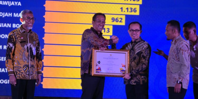 Rektor Unand, Efa Yonnedi saat menerima penghargaan bergengsi sebagai perguruan tinggi dengan jumlah permohonan desain industri dan paten terbanyak selama 2015–2024. Rabu, (04/06/2025) [foto : ist]