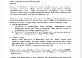 Surat pemberitqhuan perkembangan laporan terkait dugaan penyimpangan prosedur pemutusan kontrak bagi TPP tahun 2025.[foto : ist]