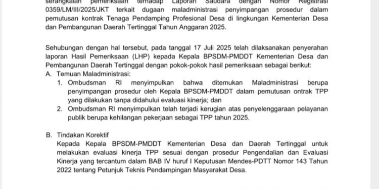 Surat pemberitqhuan perkembangan laporan terkait dugaan penyimpangan prosedur pemutusan kontrak bagi TPP tahun 2025.[foto : ist]