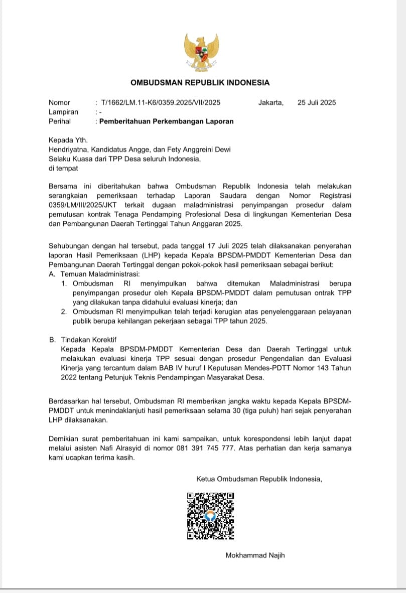 Surat pemberitqhuan perkembangan laporan terkait dugaan penyimpangan prosedur pemutusan kontrak bagi TPP tahun 2025.[foto : ist]