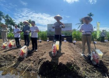 Gubernur Mahyeldi saat peluncuran program penanaman jagung bertajuk “Ba Jaguang: Dari Ranah Minang untuk Ketahanan Pangan Indonesia”, di Nagari Ulakan Tapakis, Kabupaten Padang Pariaman, Kamis (24/7/2025).