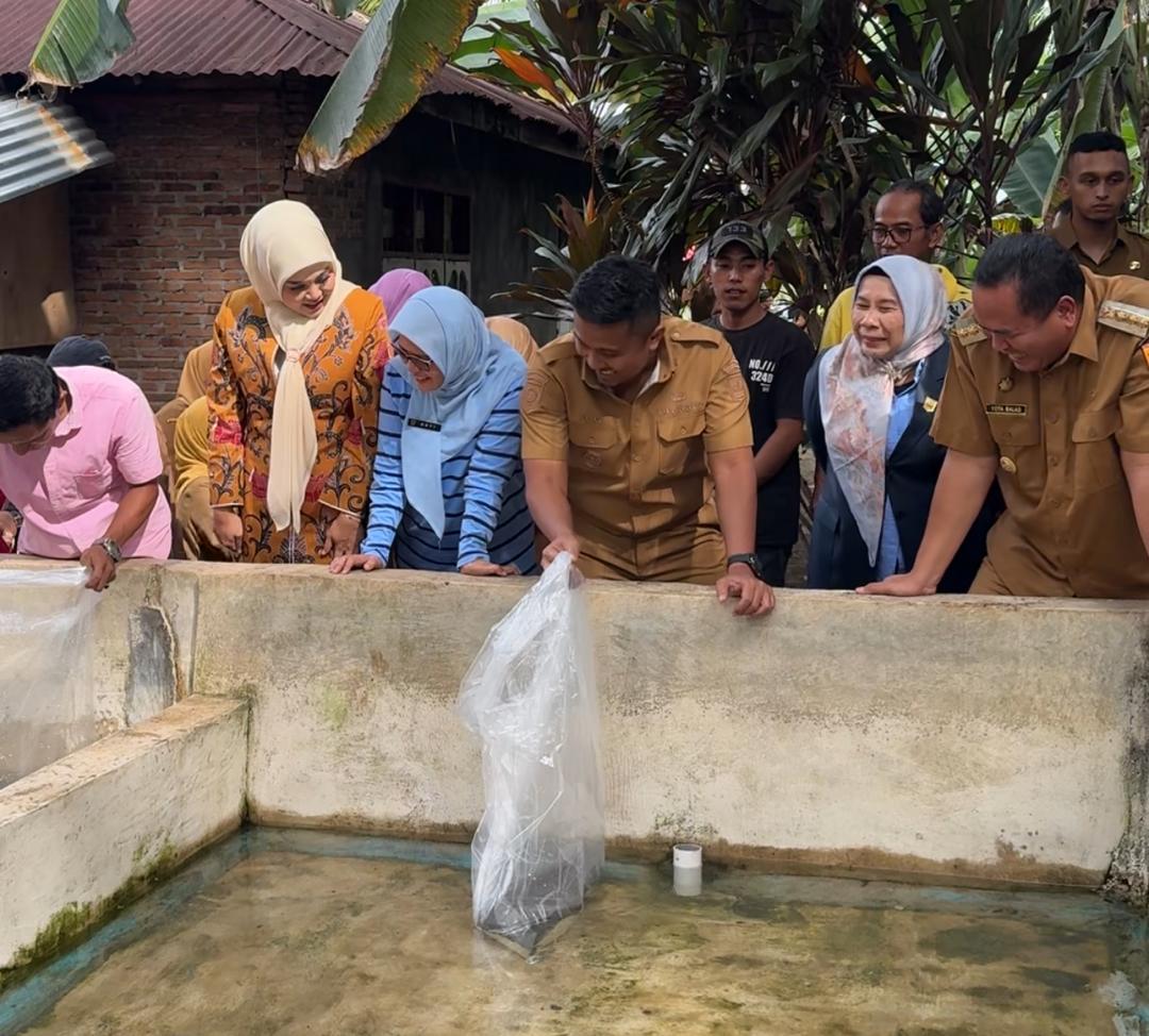 Wagub Sumbar, Vasco Ruseimy memberikan indukan lele kepada pembudidaya di Pariaman.[foto : ist]