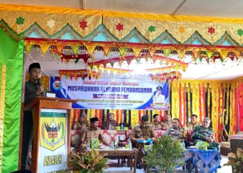 Yonnarlis memberikan sambutan pada Musrenbang Nagari Andaleh. Senin, (15/9) [foto : ist]