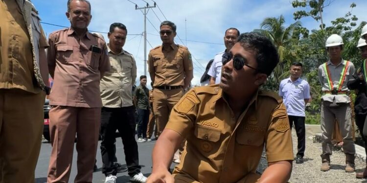 Wagub Sumbar, Vasco saat meninjau pengerjaan jalan di Maligi, Kabupaten Pasaman Barat.[foto : ist]