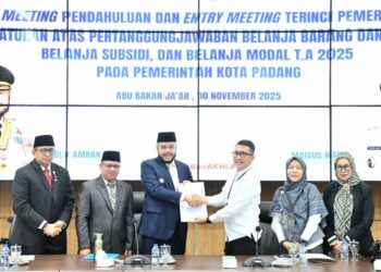 Pemerintah Kota (Pemko) Padang bersama Badan Pemeriksa Keuangan Republik Indonesia (BPK RI) Perwakilan Provinsi Sumatera Barat (Sumbar), menggelar Exit Meeting Pendahuluan dan Entry Meeting Pemeriksaan Terinci Kepatuhan atas Pertanggungjawaban Belanja Barang dan Jasa, Belanja Subsidi, serta Belanja Modal Tahun Anggaran 2025.(Foto:Ist)