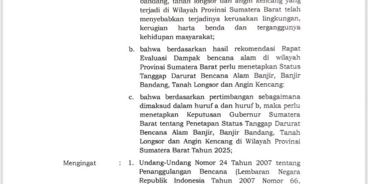 Surat keputusan Gubernur Sumbar tentang status tanggap darurat bencana alam.[foto : ist]