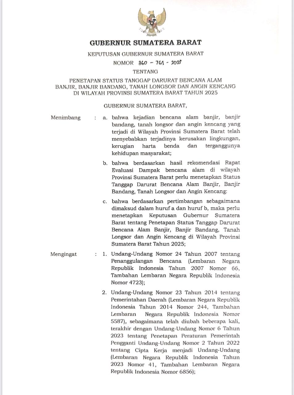 Surat keputusan Gubernur Sumbar tentang status tanggap darurat bencana alam.[foto : ist]