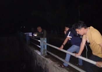 Anggota DPRD Sumbar, Fraksi PKB, Donizar saat meninjau kondisi Jembatan Ampang Gadang, Nagari Panti Selatan, Kecamatan Panti, Kabupaten Pasaman yang tertutup material. Sabtu malam, (30/11).[foto : ist]