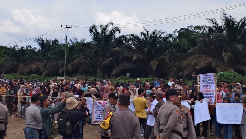Aksi unjuk rasa ribuan warga dari Nagari Lubuk Besar dan Nagari Alahan Nan Tigo, Kecamatan Asam Jujuhan, Kabupaten Dharmasraya di PT Tidar Kerinci Agung (TKA), Senin (12/1/2026) (Foto: Ist)