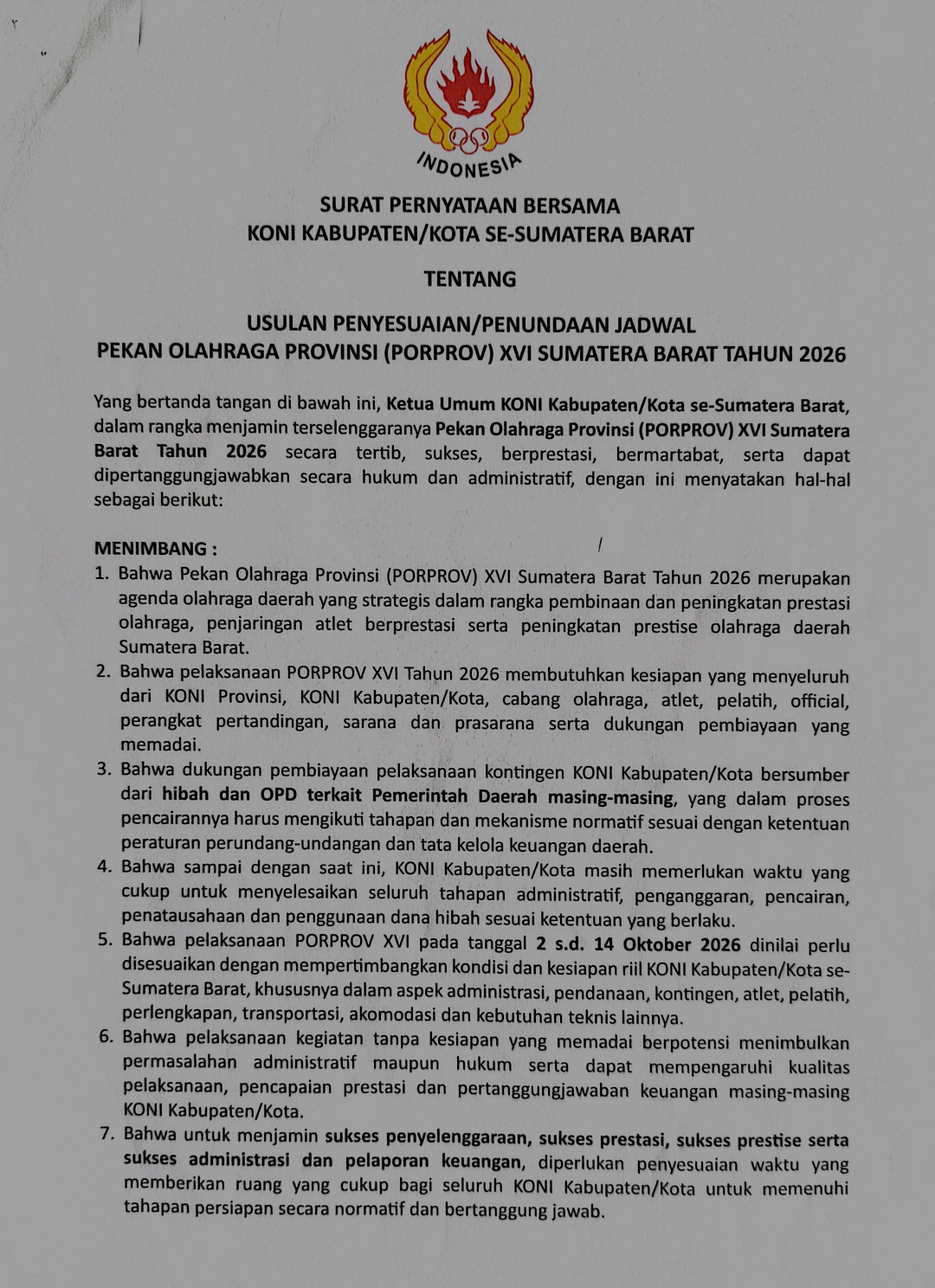 Surat Pernyataan Bersama KONI Kabupaten dan Kota se-Sumatera Barat. [foto : ist]