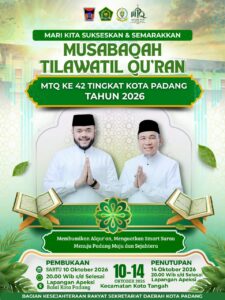 Musabaqah Tilawatil Quran (MTQ) Nasional ke-42 tingkat Kota Padang akan digelar pada 10-14 Oktober 2026 dengan mengusung tema “Membumikan Alquran, Menguatkan Smart Surau Menuju Padang Maju dan Sejahtera".
